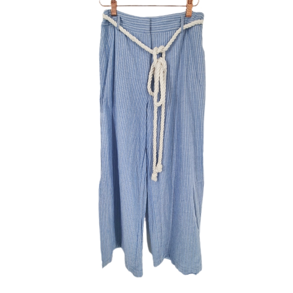 Linen Lux Striped Wide Leg 100% Cotton Pants with Rope Belt